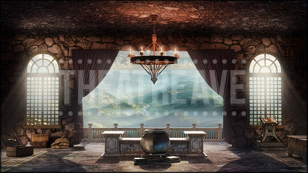 Witch's Tower Lair, a The Wiz backdrop projection and digital scenery by Theatre Avenue.