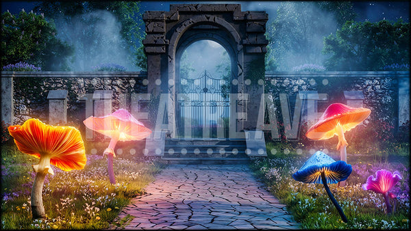 Fantasy garden scene with glowing mushrooms and stone archway, an Alice in Wonderland projection backdrop by Theatre Avenue.