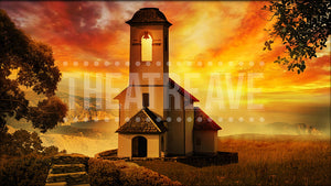 Chapel at Sunset, a Mamma Mia projection backdrop by Theatre Avenue.