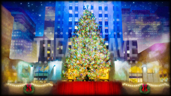 Christmas Tree Center, a digital theatre projection backdrop great for shows like Elf the Musical, White Christmas, Miracle on 34th Street and beyond.
