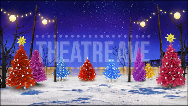 Christmas Tree Lot, A Charlie Brown Christmas projection backdrop by Theatre Avenue.