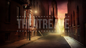 City Alley at Dusk, a digital theatre projection backdrop perfect for shows like Annie, West Side Story, and 42nd Street