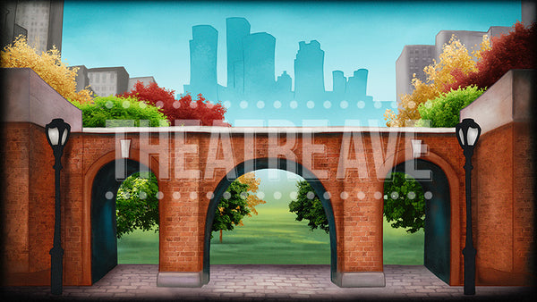 City Park in Fall, a cartoon style digital projection backdrop perfect for shows like Madagascar