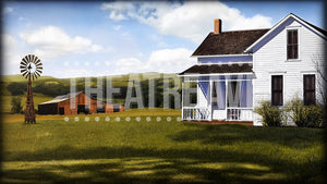 Farmhouse, a digital theatre projection backdrop designed for shows like Charlotte's Web, HONK, and Wizard of Oz