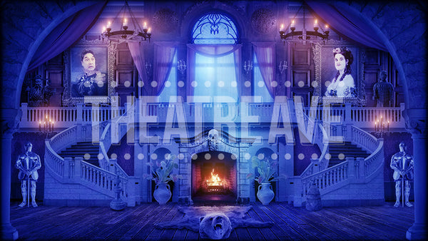 Great Hall at Night, an Addams Family projection backdrop by Theatre Avenue for schools and theatre groups.