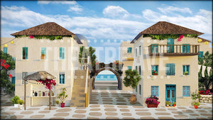 Greek Courtyard, a Mamma Mia projection backdrop by Theatre Avenue.