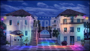 Greek Courtyard Party, a Mamma Mia projection backdrop by Theatre Avenue.