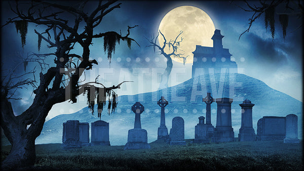 Haunted Graveyard at Night, an Addams Family projection backdrop by Theatre Avenue.