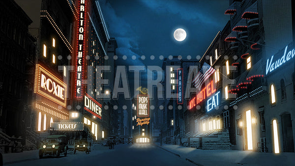 NYC at Night digital projection backdrop for Annie, Guys and Dolls, and The Great Gatsby