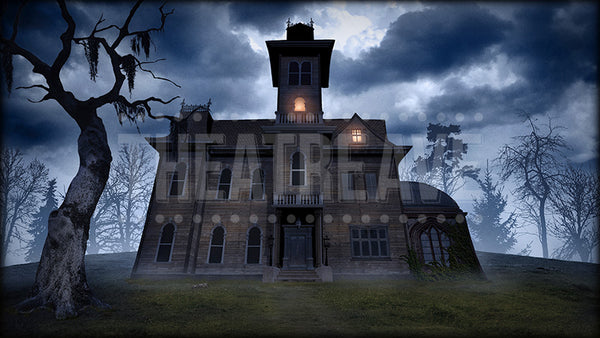Spooky Mansion, a digital theatre projection backdrop perfect for shows like Addams Family, Wrinkle in Time and Big Fish.