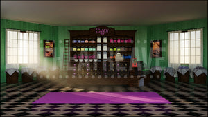 Candy Shop, a Willy Wonka projection backdrop by Theatre Avenue.