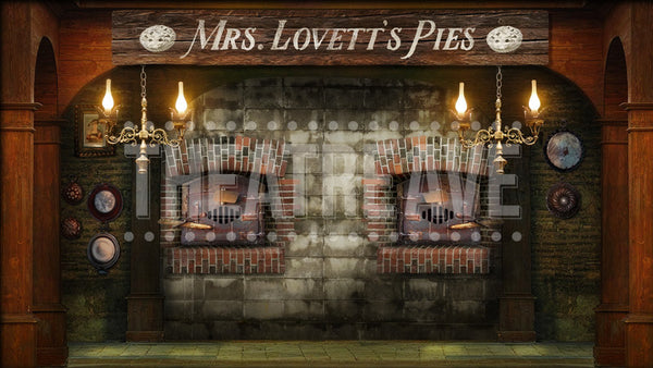 Lovett's Pie Shop, a Sweeney Todd projection backdrop by Theatre Avenue.