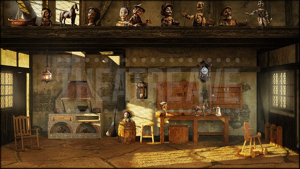 Woodcarver's Workshop, a Pinocchio projection backdrop by Theatre Avenue.